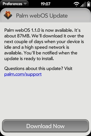 webOS 1.1.0 Upgrade Screen
